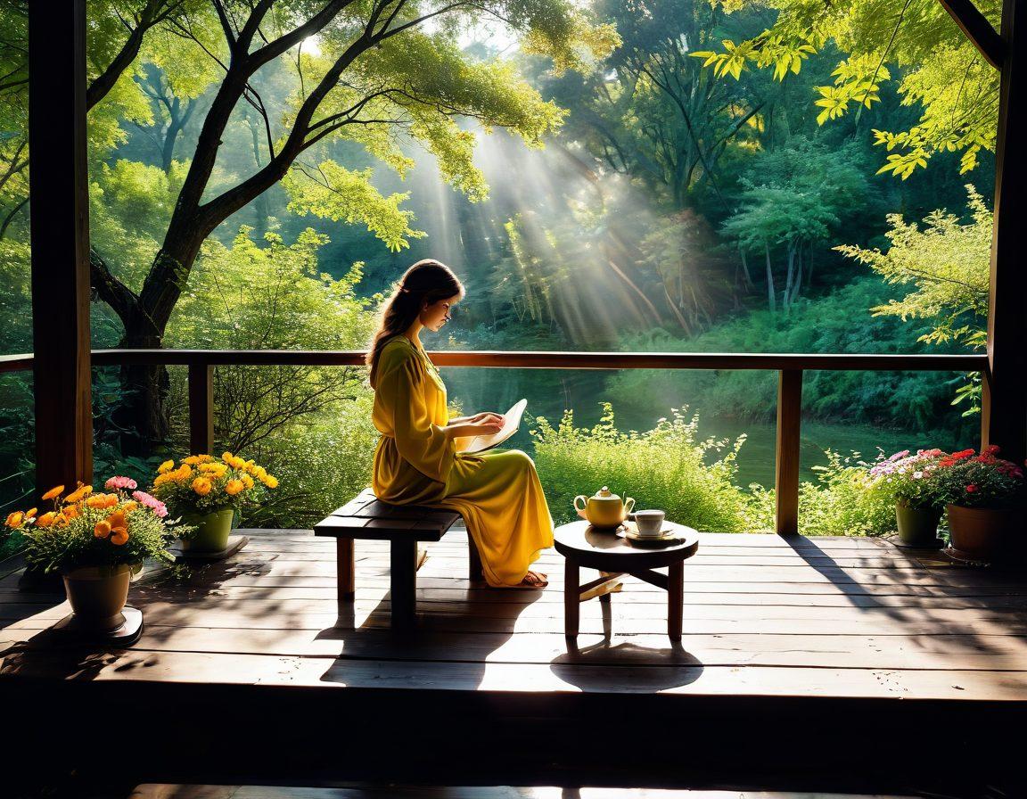A serene scene featuring a person engaging in a peaceful morning routine, surrounded by vibrant flowers and sunlight filtering through trees, emphasizing a sense of tranquility and passion for everyday life. Incorporate elements like a steaming cup of tea, an open journal, and a soft breeze creating movement in the surroundings. Use warm, inviting colors to enhance the atmosphere of devotion and delight. super-realistic. vibrant colors.