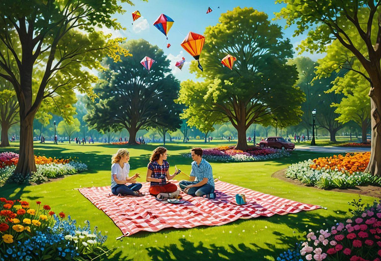 A whimsical scene depicting a couple in a vibrant park, engaged in playful activities like flying kites and having a picnic, surrounded by colorful flowers and laughter-filled moments. Include elements of nature like trees and sunshine to enhance the joyful atmosphere, with a light-hearted vibe throughout. super-realistic. vibrant colors. sunny background.